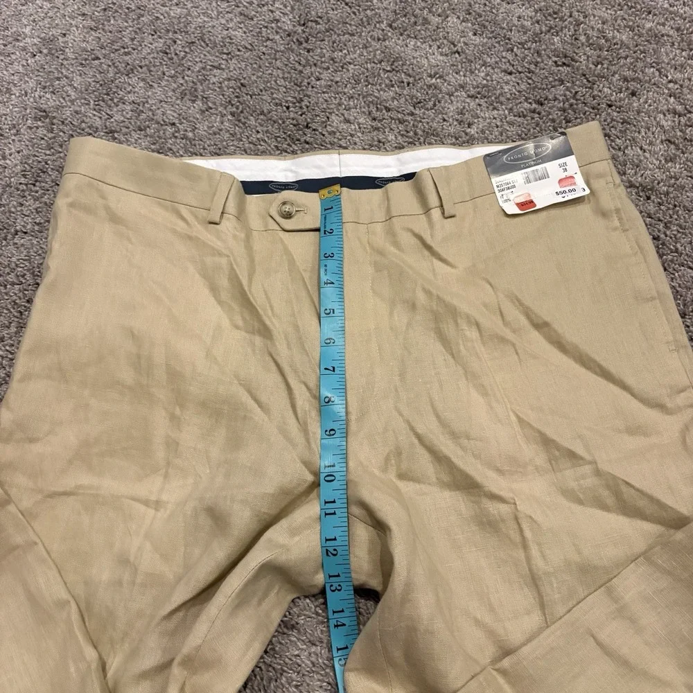 Pronto Uomo Platinum Pants Beige Flat Front 100% Linen 38 NEW UNCUT / UNHEMMED!